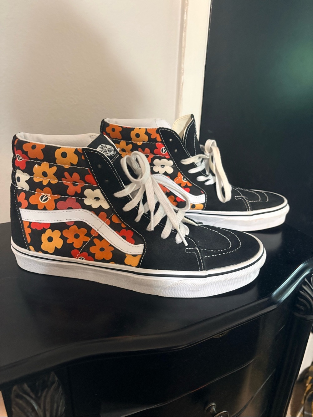 Vans Black High-Top Sneakers with Orange and Yellow Floral Panels, Sz 11